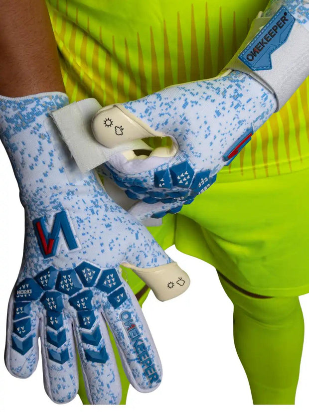 ONEKEEPER Orion Blue & White - Removable Strap - Negative Cut Pro-Level Goalkeeper Gloves for Juniors, Youth and Adults - ONEKEEPER USA