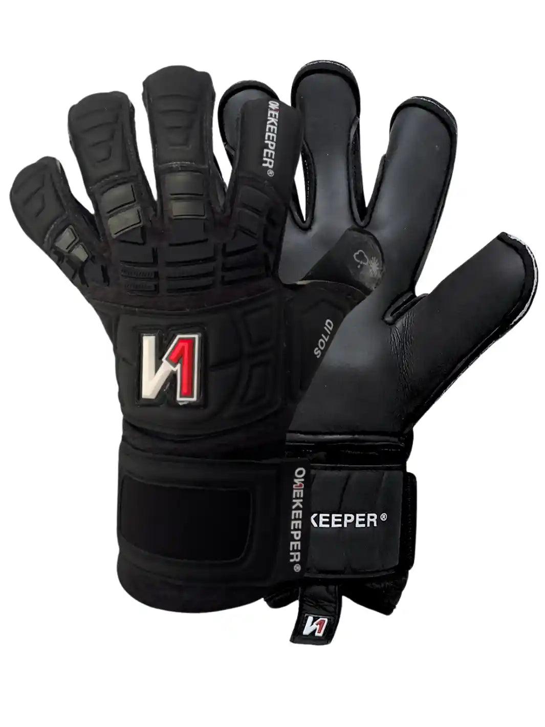 ONEKEEPER Solid Black Hybrid Cut Pro-Level Goalkeeper Gloves with Removable Finger-Save Spines for Soccer & Futsal, Unisex for All Ages (Spines Not Included) - ONEKEEPER USA