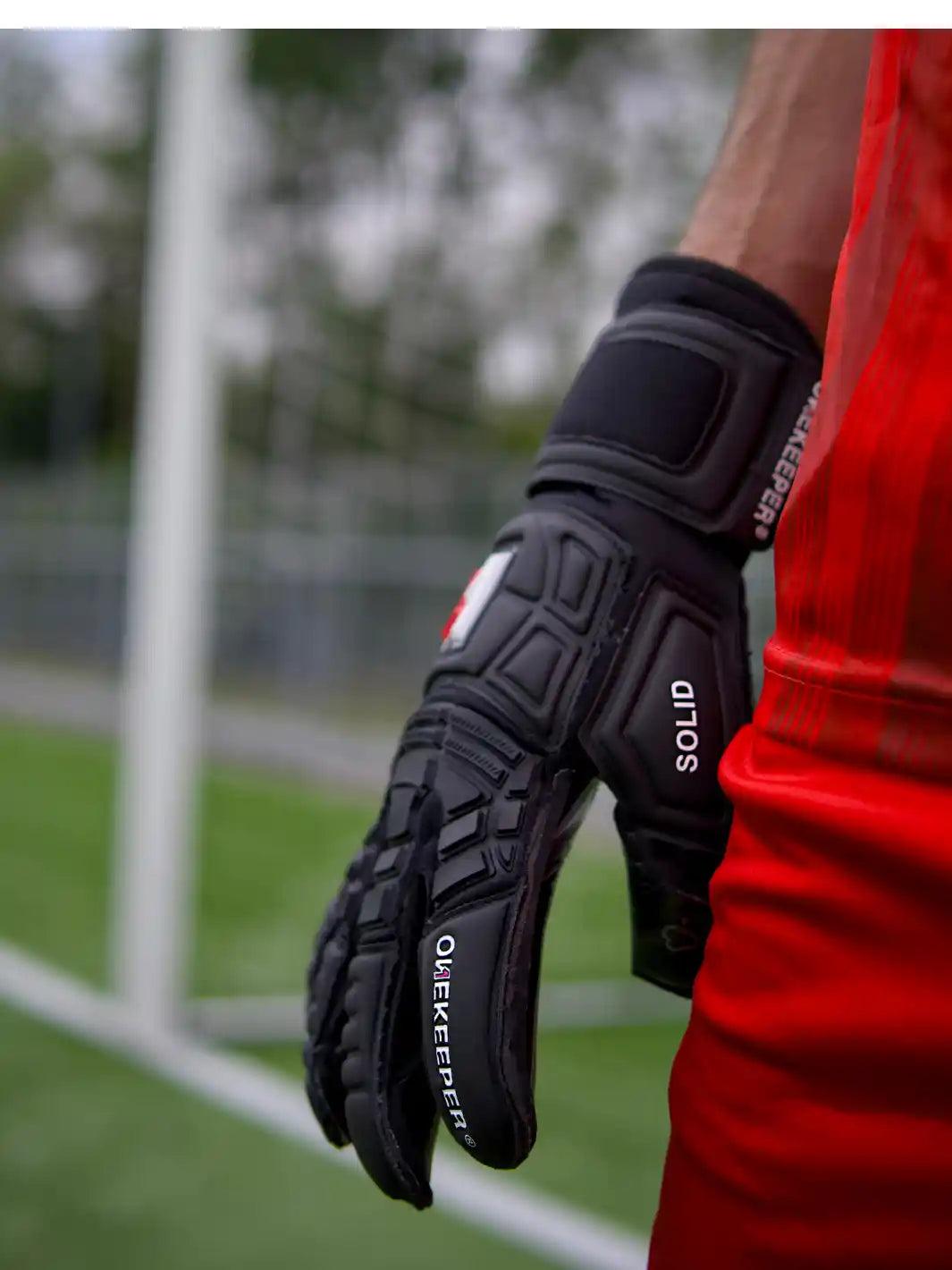 ONEKEEPER Solid Black Hybrid Cut Pro-Level Goalkeeper Gloves with Removable Finger-Save Spines for Soccer & Futsal, Unisex for All Ages (Spines Not Included) - ONEKEEPER USA