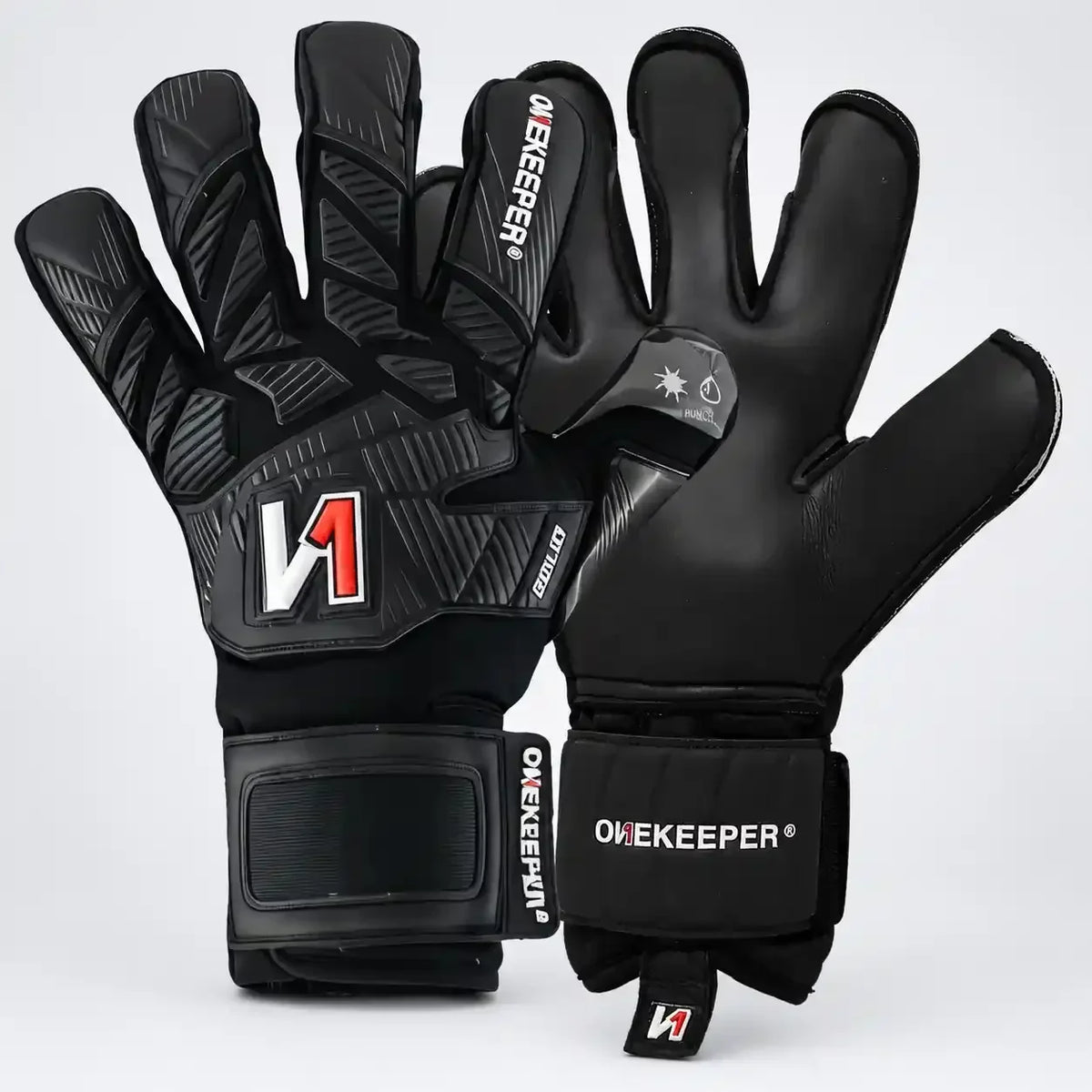 onekeeper solid Black youth goalkeeper gloves with durable grip, pro-level design for ages 6–16, featuring padded fingers and wrist support