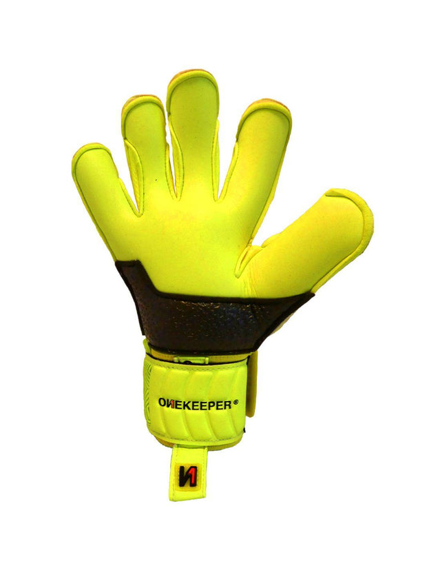 Goalkeeper gloves for kids / junior ONEKEEPER Vector Pupil Yellow Fluo with extra protective layer on the palm gk