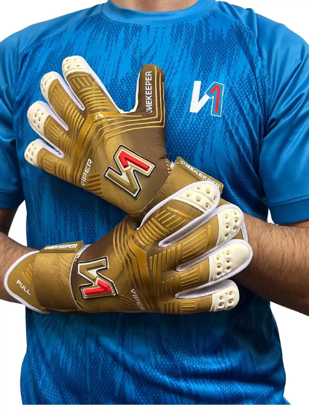 ONEKEEPER Viper Gold and White - Strap or Strapless Negative Cut Pro-Level Goalkeeper Gloves for Kids, Youth and Adults - ONEKEEPER USA