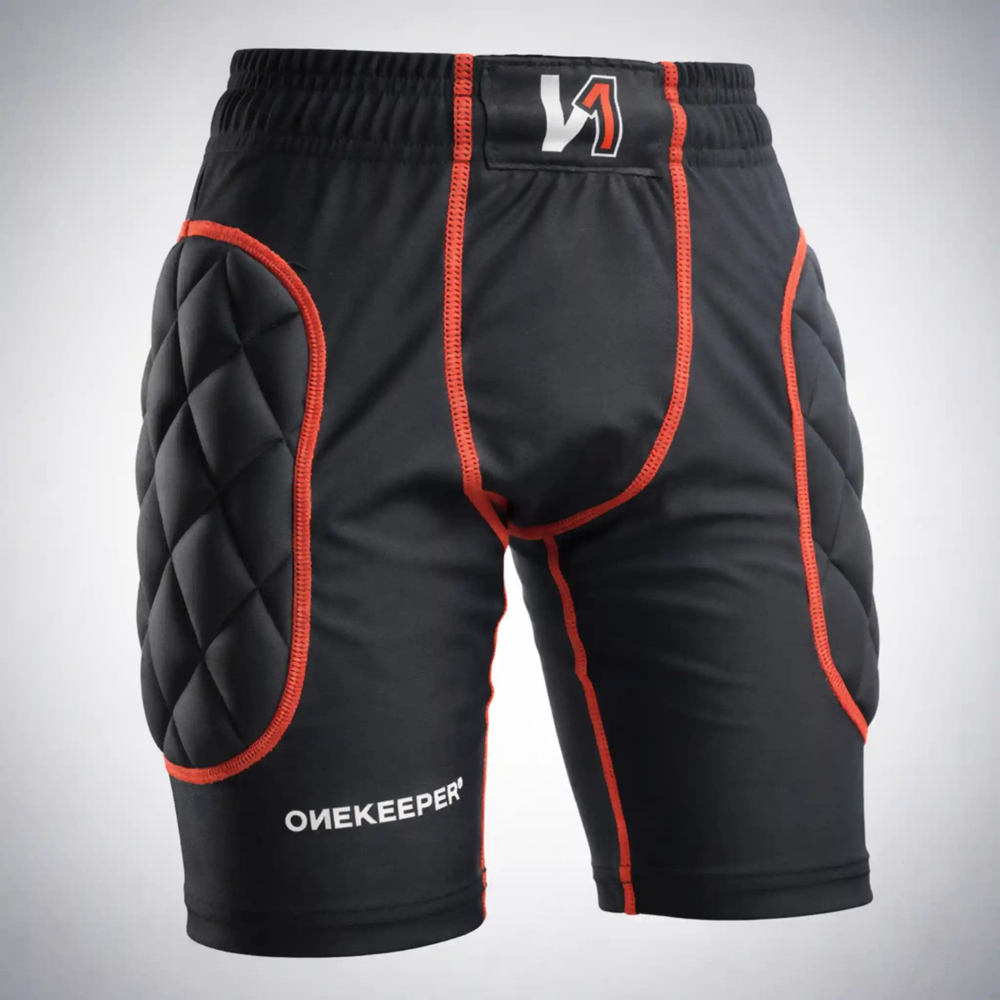 Black onekeeper protective sports shorts with red accents on a gray background
