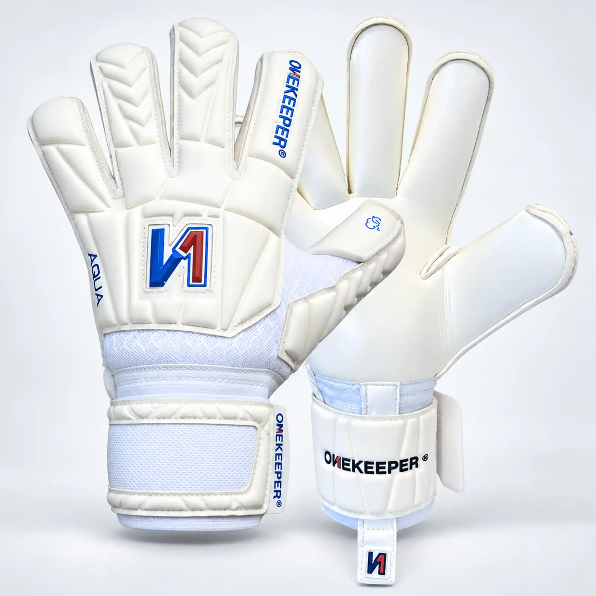A pair of OneKeeper retro Aqua goalkeeper gloves in white, showing both the backhand and palm views against a light gray studio background.