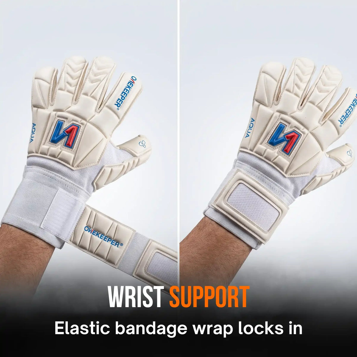 A pair of onekeeper retro aqua goalkeeper gloves shown from both front and back on a model's hands, highlighting the wrist support wrap and protective padding. The gloves are off-white with blue and red accents, and the brand 'Overkeeper' is clearly visible.