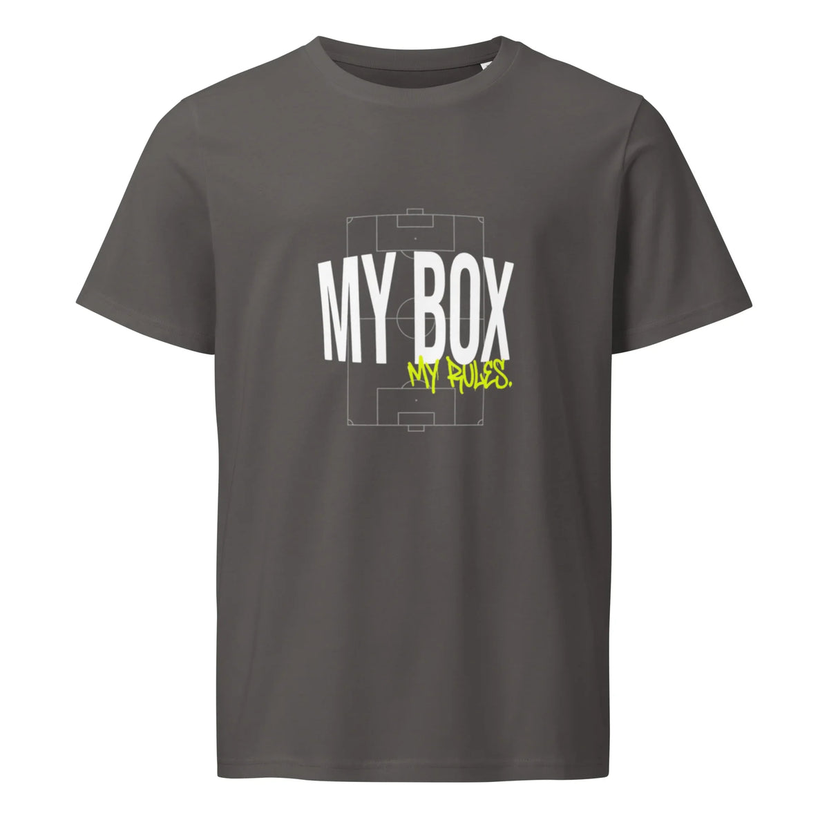 Dark gray soccer t-shirt with 'MY BOX MY RULES' graphic and field outline, youth goalkeeper apparel
