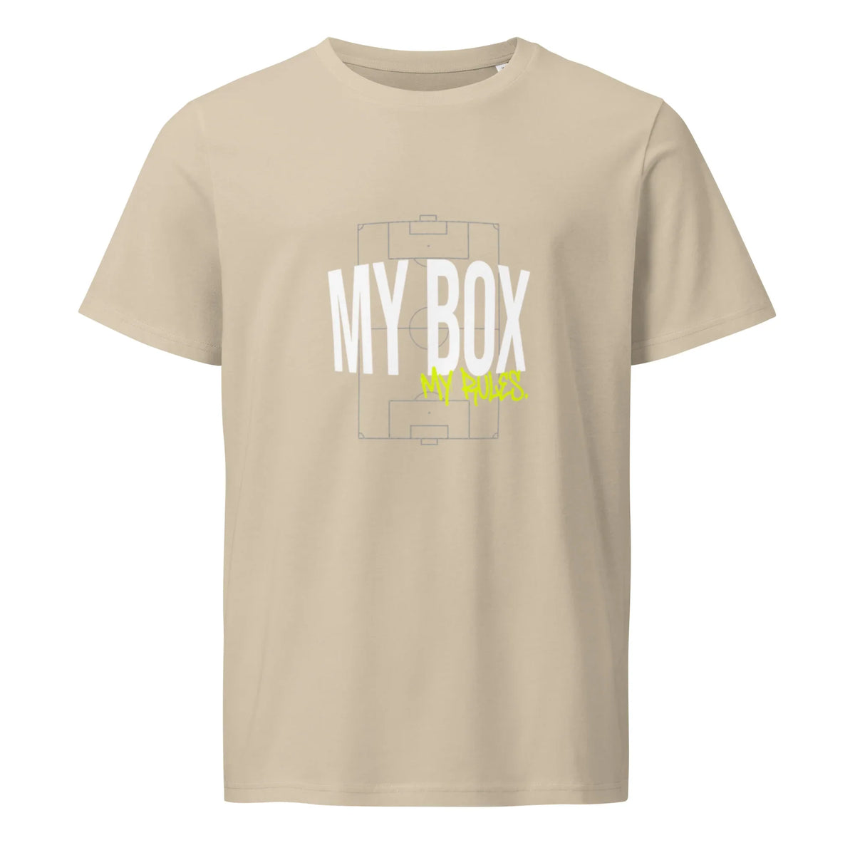 Beige soccer t-shirt with 'MY BOX MY RULES' graphic and field outline, youth goalkeeper apparel