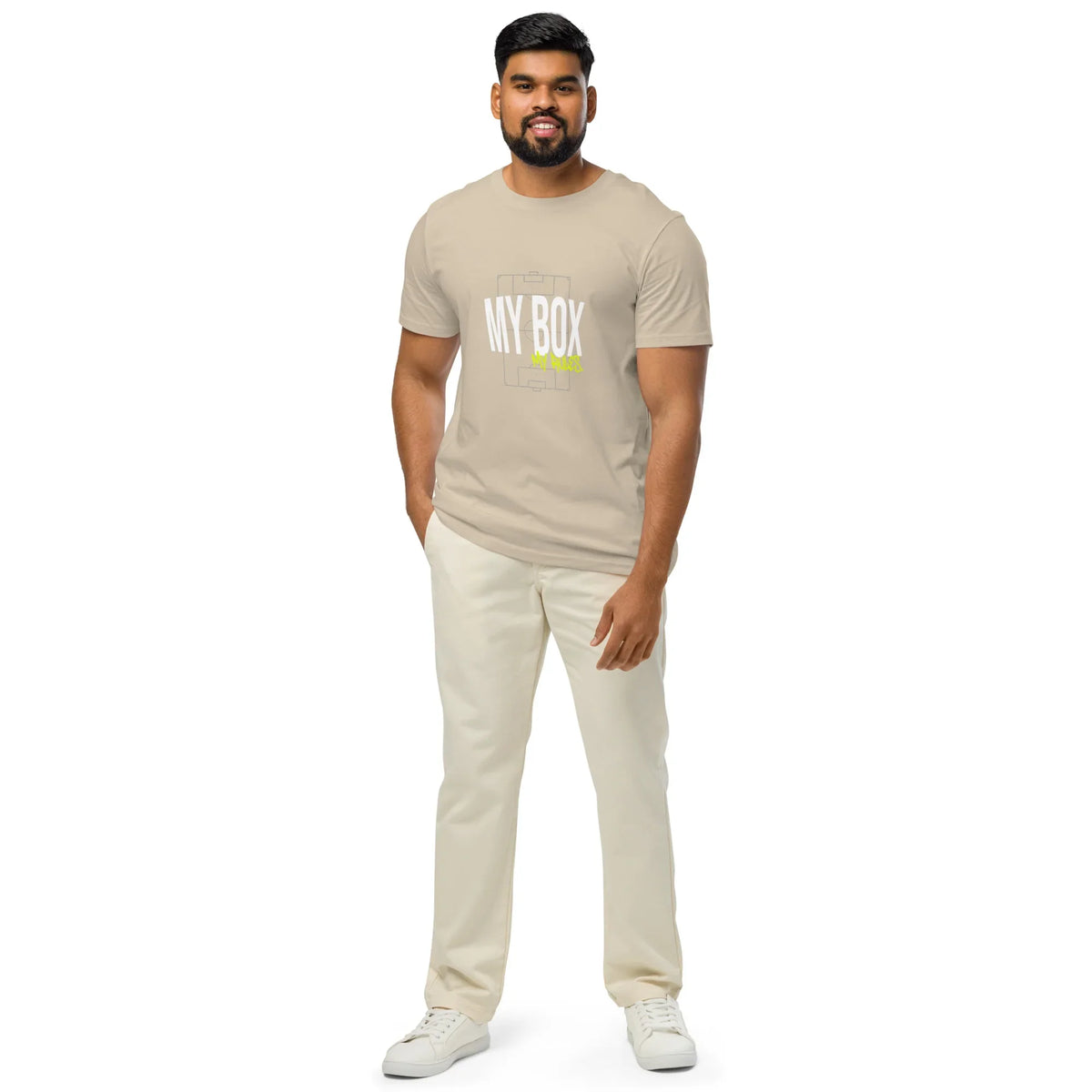 Man wearing beige t-shirt with 'MY BOX' soccer graphic, casual fit for youth and adult goalkeepers